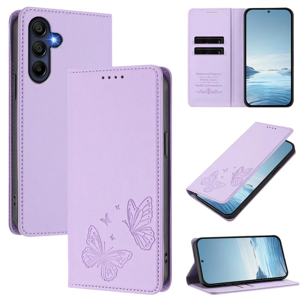 For Samsung Galaxy A16 4G / Galaxy A16 5G Wallet Case RFID Blocking Butterfly Imprinted Magnetic Flip Leather Cover - Light Purple - 3