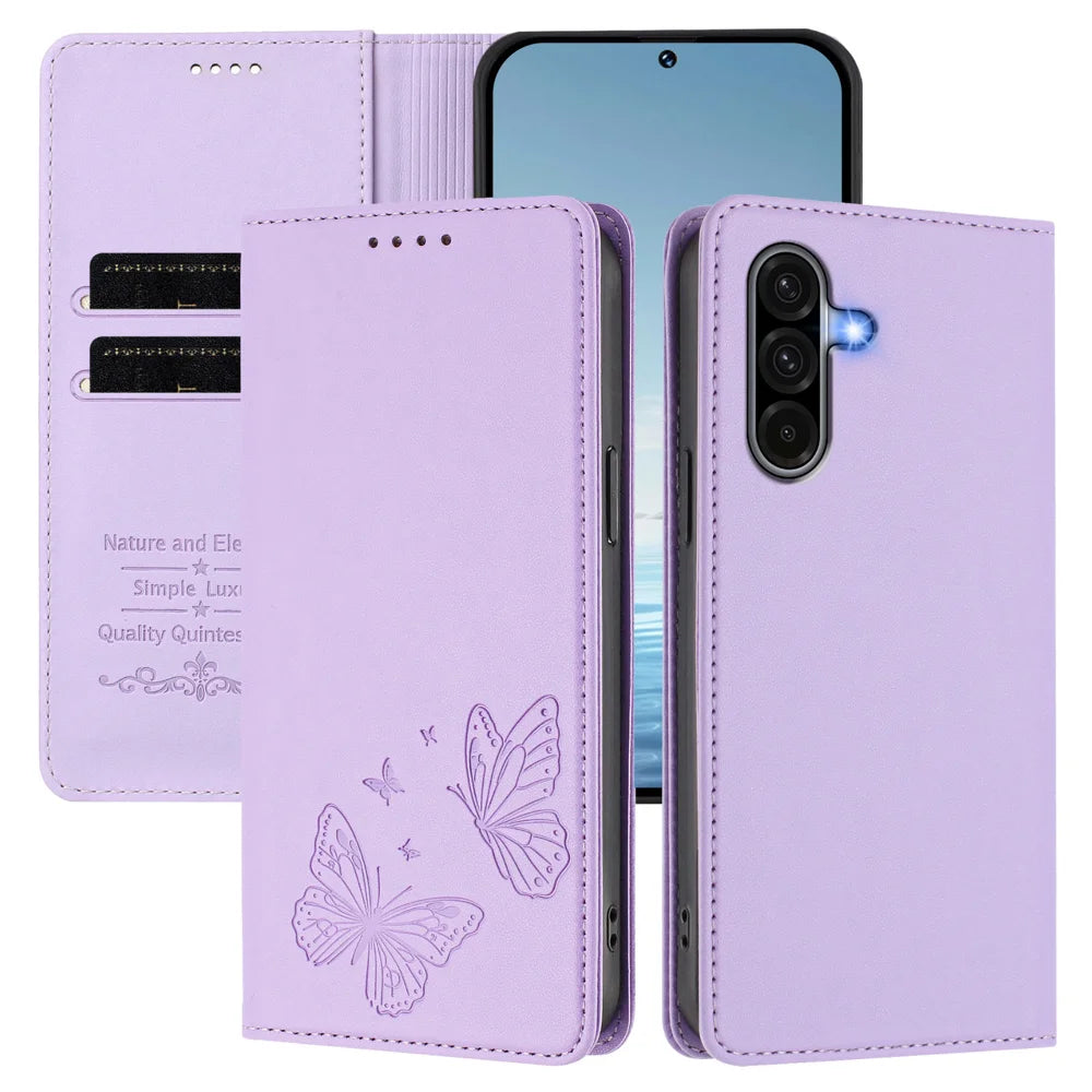 For Samsung Galaxy A37 5G / A56 5G / A36 5G Wallet Case RFID Blocking Butterfly Imprinted Magnetic Flip Leather Cover - Light Purple - 2
