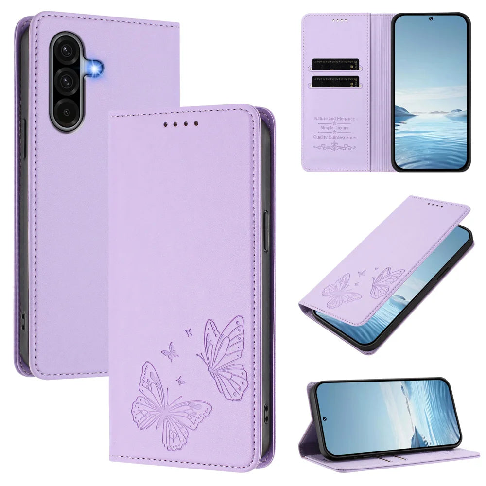 For Samsung Galaxy A37 5G / A56 5G / A36 5G Wallet Case RFID Blocking Butterfly Imprinted Magnetic Flip Leather Cover - Light Purple - 3