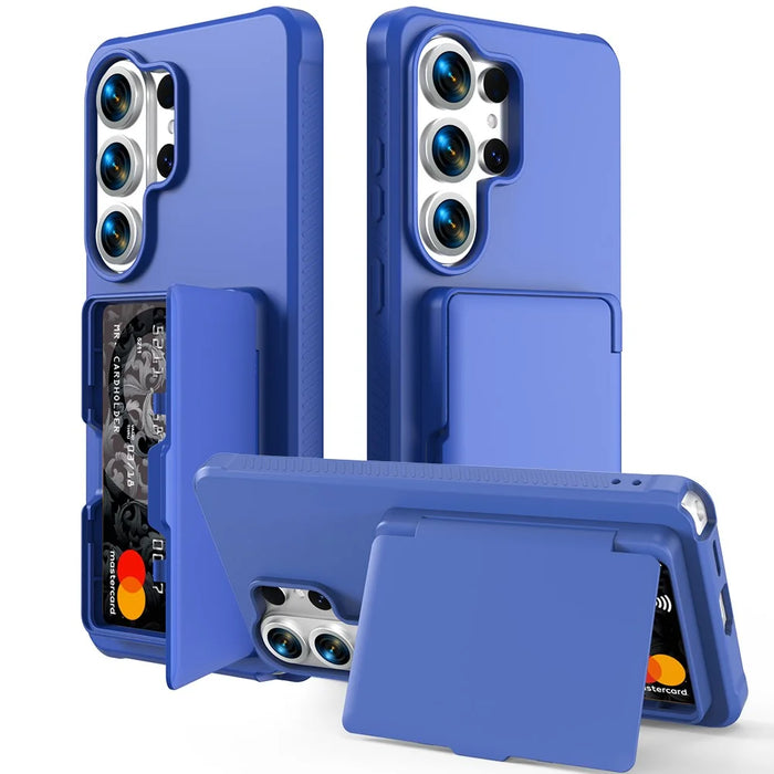 For Samsung Galaxy S26 Ultra Case with Card Holder  /  Mirror  /  Kickstand TPU + PC Phone Back Cover - Dark Blue - 1
