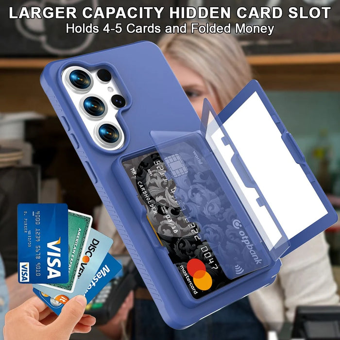 For Samsung Galaxy S26 Ultra Case with Card Holder  /  Mirror  /  Kickstand TPU + PC Phone Back Cover - Dark Blue - 4