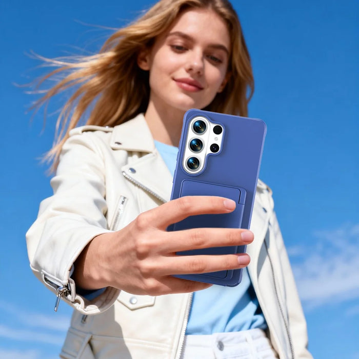 For Samsung Galaxy S26 Ultra Case with Card Holder  /  Mirror  /  Kickstand TPU + PC Phone Back Cover - Dark Blue - 6