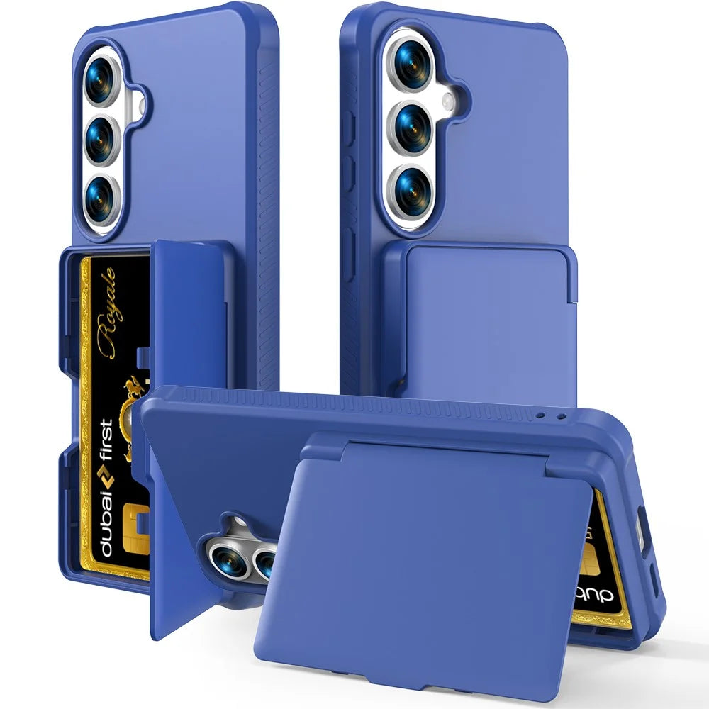 For Samsung Galaxy S26+ Case with Card Holder  /  Mirror  /  Kickstand TPU + PC Phone Back Cover - Dark Blue - 1