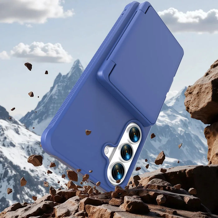 For Samsung Galaxy S26+ Case with Card Holder  /  Mirror  /  Kickstand TPU + PC Phone Back Cover - Dark Blue - 3