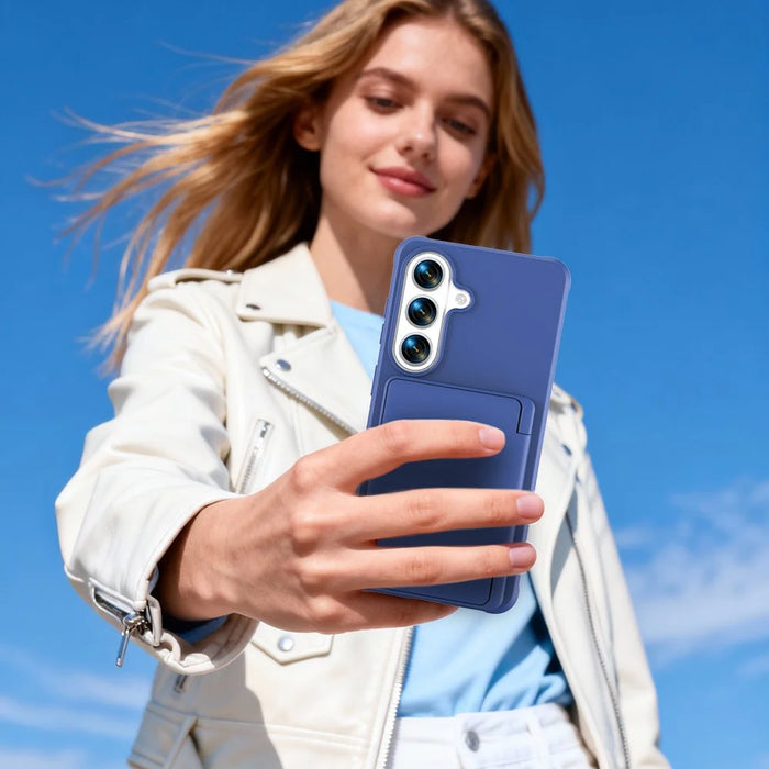 For Samsung Galaxy S26+ Case with Card Holder  /  Mirror  /  Kickstand TPU + PC Phone Back Cover - Dark Blue - 6