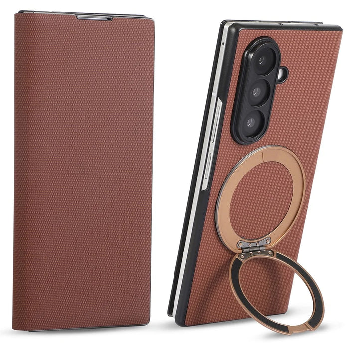 For Samsung Galaxy Z Fold7 5G Magnetic Case with 360° Rotating Ring Kickstand PC + Technical Fabric Cover - Brown - 1