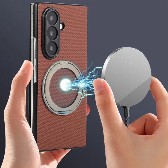 For Samsung Galaxy Z Fold7 5G Magnetic Case with 360° Rotating Ring Kickstand PC + Technical Fabric Cover - Brown - 3
