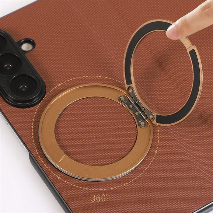 For Samsung Galaxy Z Fold7 5G Magnetic Case with 360° Rotating Ring Kickstand PC + Technical Fabric Cover - Brown - 5