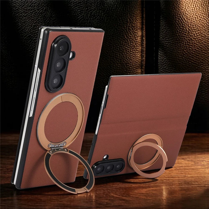 For Samsung Galaxy Z Fold7 5G Magnetic Case with 360° Rotating Ring Kickstand PC + Technical Fabric Cover - Brown - 6