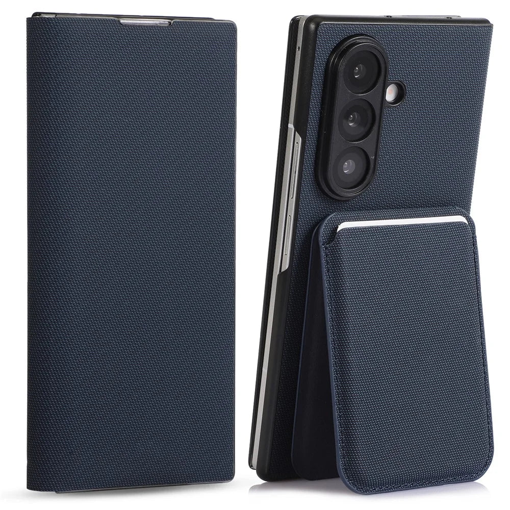 For Samsung Galaxy Z Fold7 5G Magnetic Case with Detachable Card Holder Kickstand PC Tech Fabric Flip Cover - Sapphire - 1