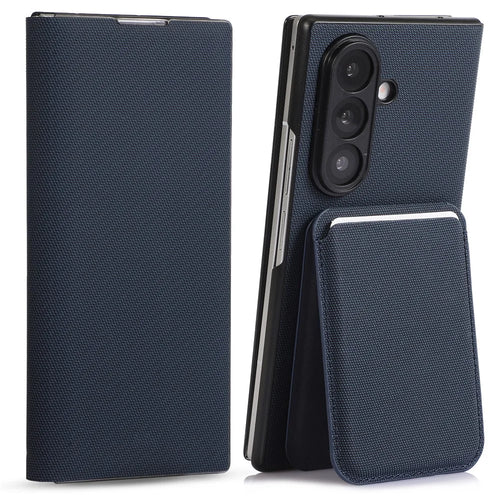 For Samsung Galaxy Z Fold7 5G Magnetic Case with Detachable Card Holder Kickstand PC Tech Fabric Flip Cover - Sapphire - 1