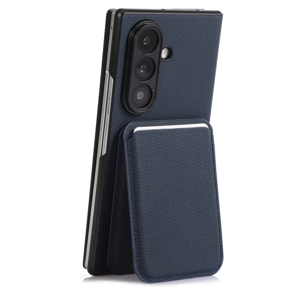 For Samsung Galaxy Z Fold7 5G Magnetic Case with Detachable Card Holder Kickstand PC Tech Fabric Flip Cover - Sapphire - 3