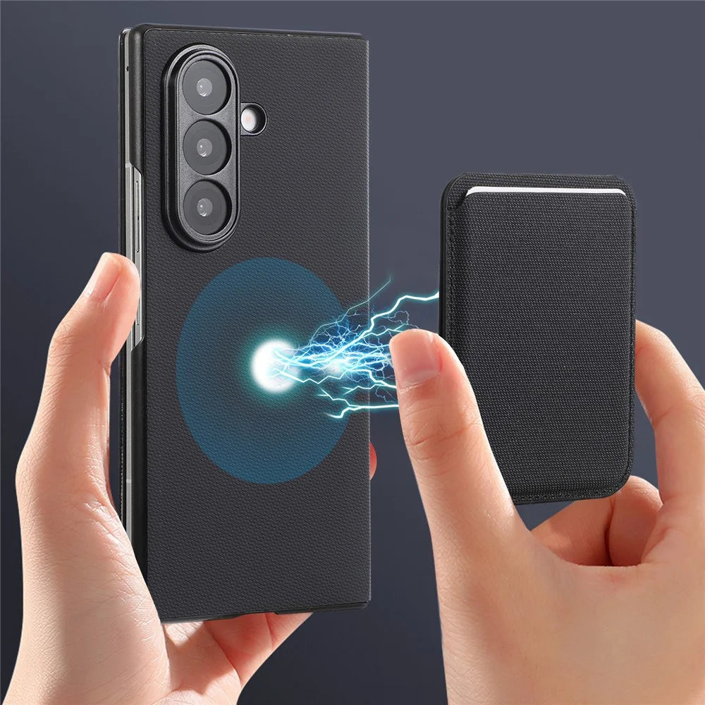 For Samsung Galaxy Z Fold7 5G Magnetic Case with Detachable Card Holder Kickstand PC Tech Fabric Flip Cover - Sapphire - 4