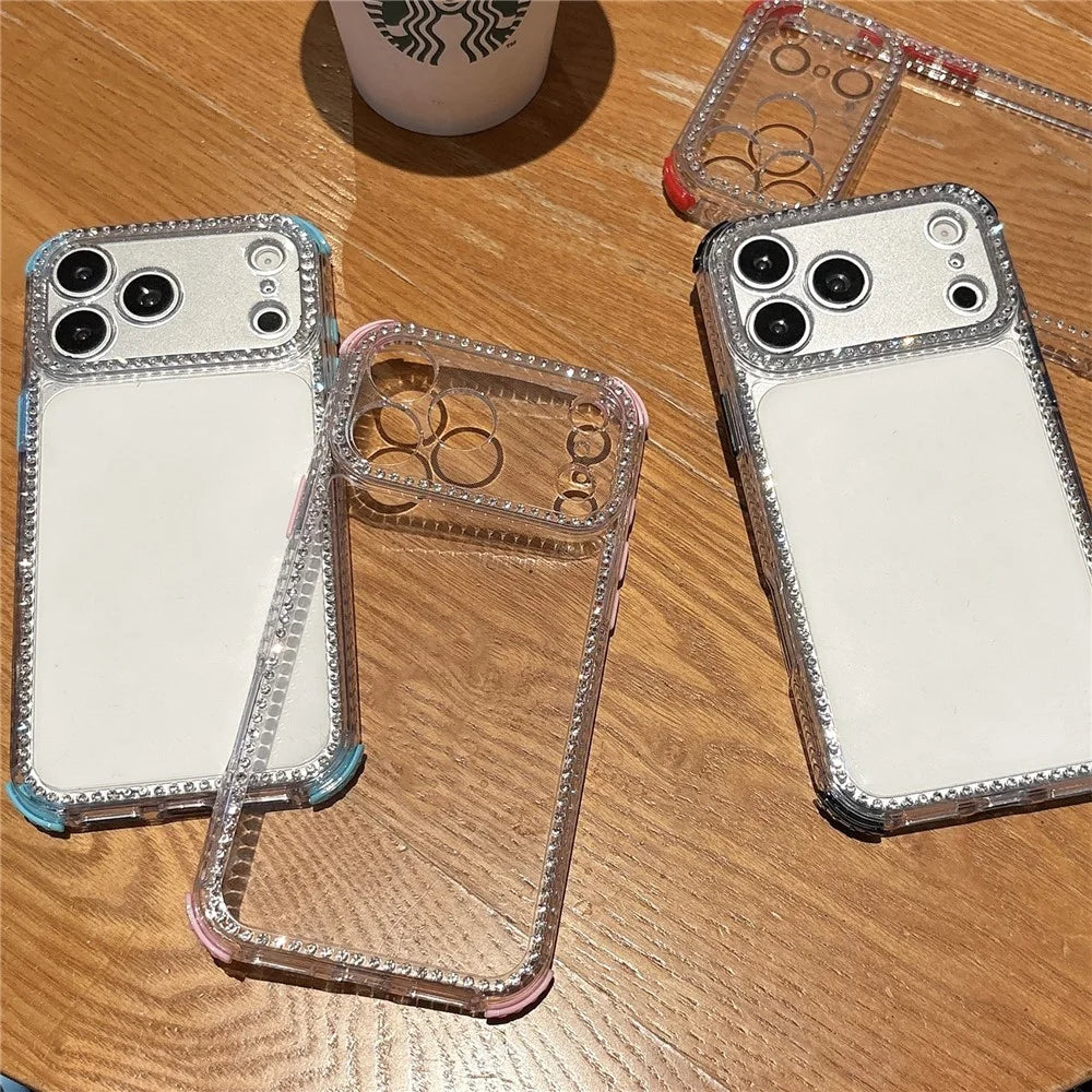 For iPhone 18 Pro Max / 17 Pro Max Clear Phone Case with Crystal Rhinestone Decor Transparent PC TPU Shockproof Cover - Black - 6