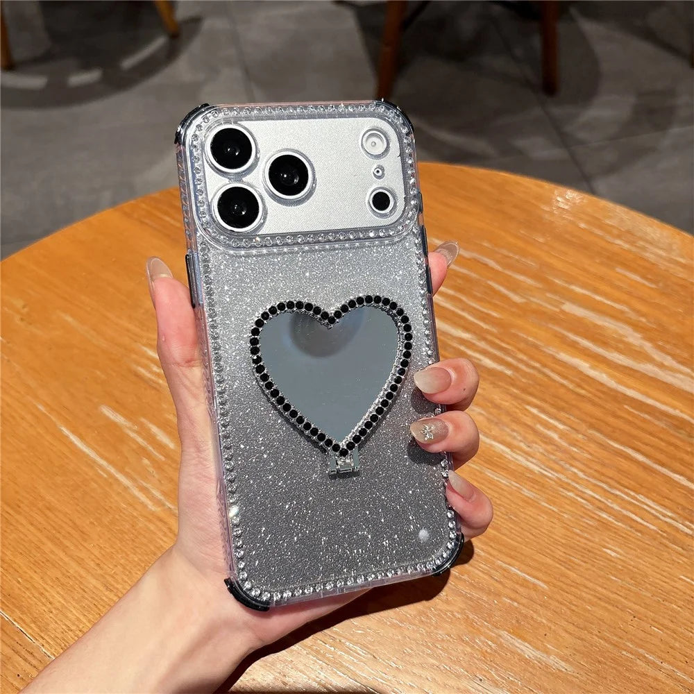 For iPhone 18 Pro / 17 Pro Case with Heart Shape Kickstand 2 in 1 Rhinestone Glitter PC TPU Shockproof Cover - Black - 1