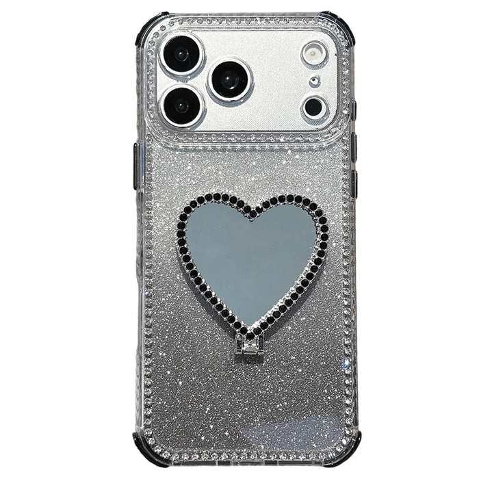 For iPhone 18 Pro / 17 Pro Case with Heart Shape Kickstand 2 in 1 Rhinestone Glitter PC TPU Shockproof Cover - Black - 2