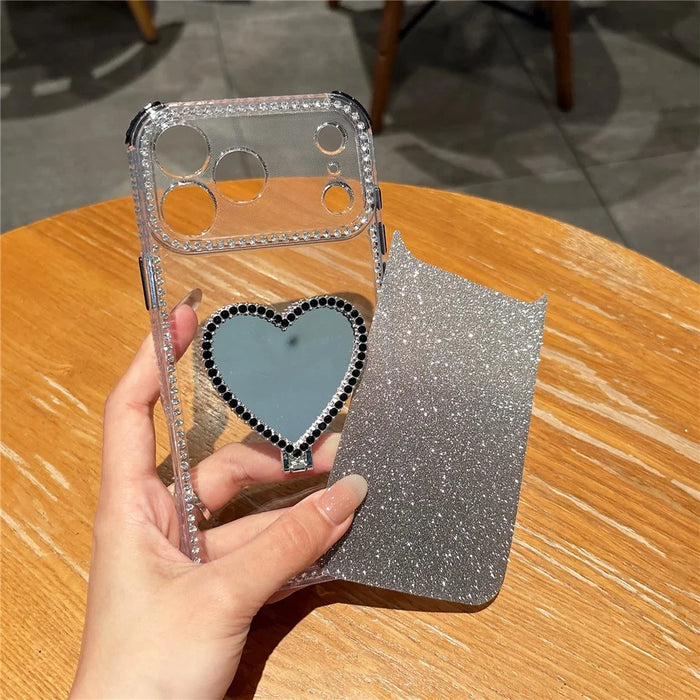 For iPhone 18 Pro / 17 Pro Case with Heart Shape Kickstand 2 in 1 Rhinestone Glitter PC TPU Shockproof Cover - Black - 3