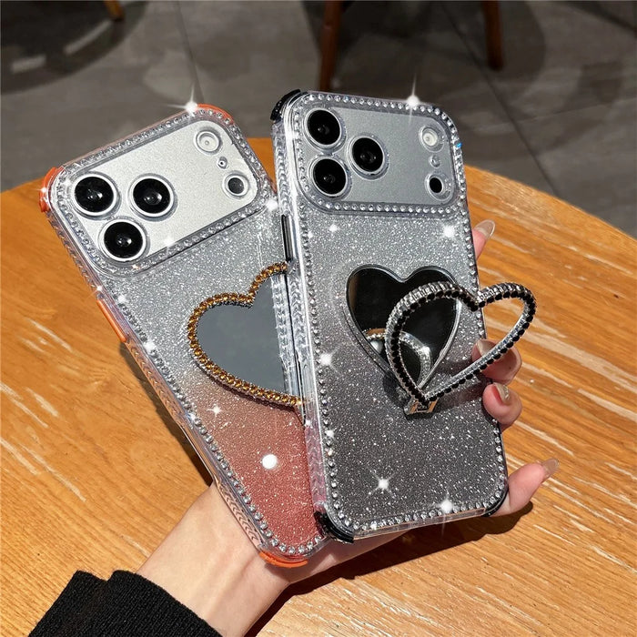 For iPhone 18 Pro / 17 Pro Case with Heart Shape Kickstand 2 in 1 Rhinestone Glitter PC TPU Shockproof Cover - Black - 5