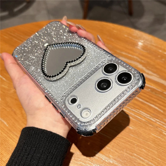 For iPhone 18 Pro / 17 Pro Case with Heart Shape Kickstand 2 in 1 Rhinestone Glitter PC TPU Shockproof Cover - Black - 6