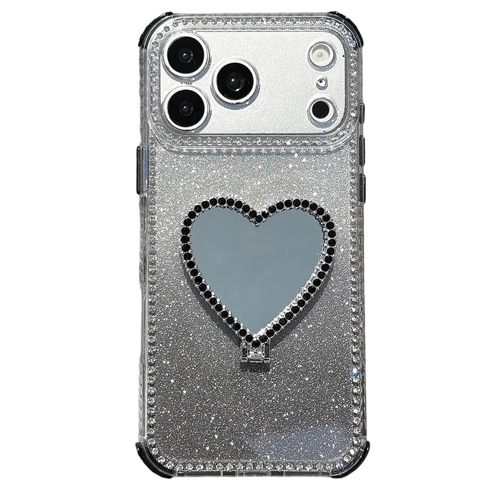 For iPhone 18 Pro Max / 17 Pro Max Case with Heart Shape Kickstand 2 in 1 Rhinestone Glitter PC TPU Shockproof Cover - Black - 2