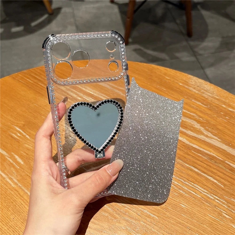 For iPhone 18 Pro Max / 17 Pro Max Case with Heart Shape Kickstand 2 in 1 Rhinestone Glitter PC TPU Shockproof Cover - Black - 3