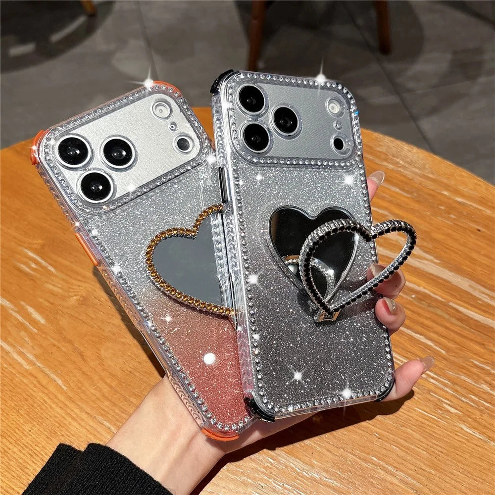 For iPhone 18 Pro Max / 17 Pro Max Case with Heart Shape Kickstand 2 in 1 Rhinestone Glitter PC TPU Shockproof Cover - Black - 5