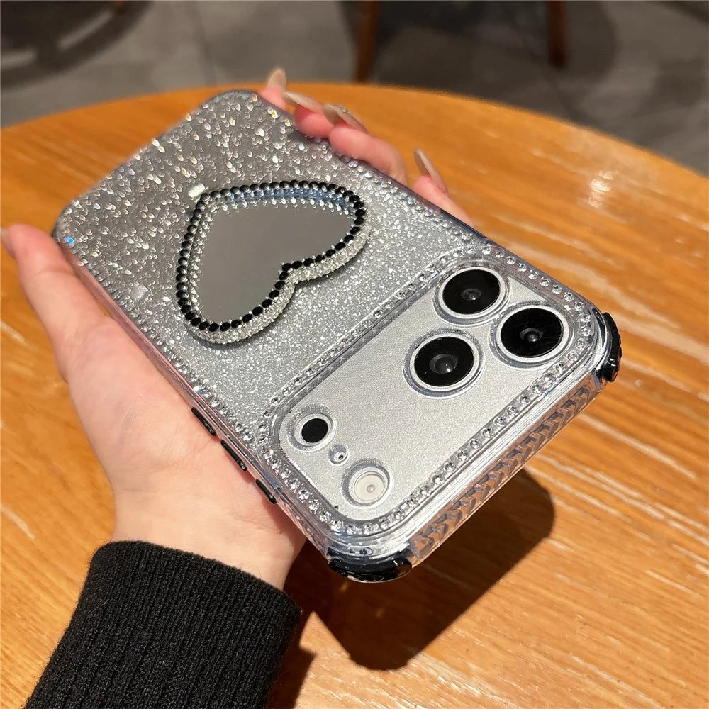 For iPhone 18 Pro Max / 17 Pro Max Case with Heart Shape Kickstand 2 in 1 Rhinestone Glitter PC TPU Shockproof Cover - Black - 6