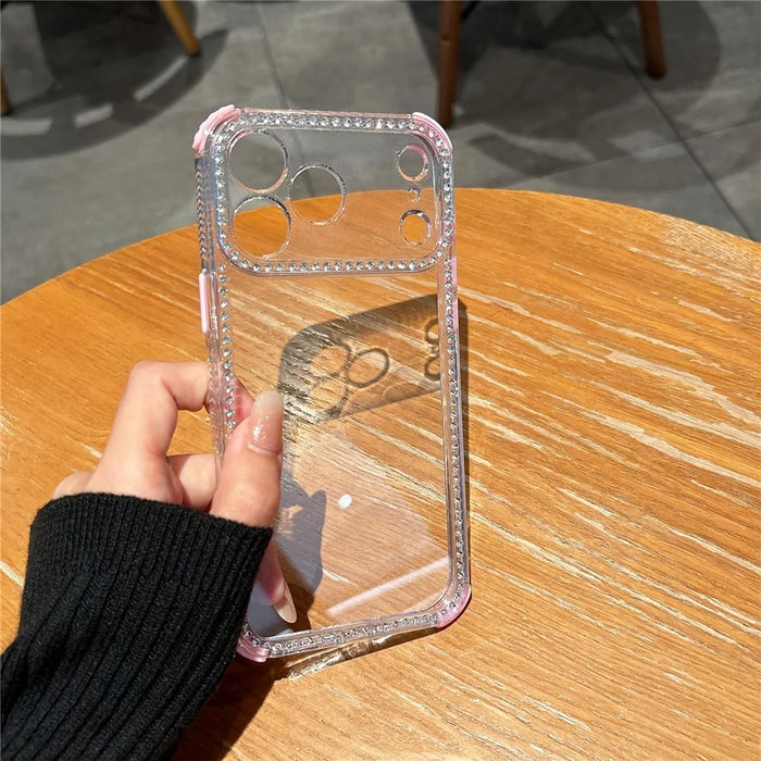 For iPhone 18 Pro / 17 Pro Clear Phone Case with 70-140cm Long Strap Rhinestone Decor PC TPU Shockproof Cover - Black - 4