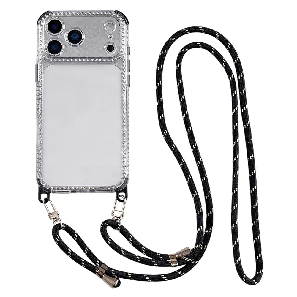 For iPhone 18 Pro Max / 17 Pro Max Clear Phone Case with 70-140cm Long Strap Rhinestone Decor PC TPU Shockproof Cover - Black - 1