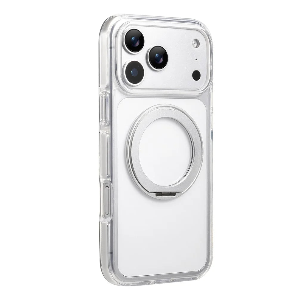 For iPhone 17 Pro Magnetic Phone Case with 360° Rotating Ring Kickstand PC TPU Hybrid Shockproof Cover - White - 1