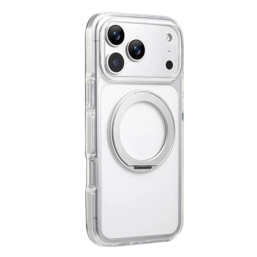 For iPhone 17 Pro Magnetic Phone Case with 360° Rotating Ring Kickstand PC TPU Hybrid Shockproof Cover - White - 1