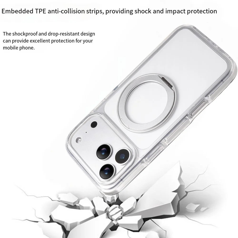 For iPhone 17 Pro Magnetic Phone Case with 360° Rotating Ring Kickstand PC TPU Hybrid Shockproof Cover - White - 2
