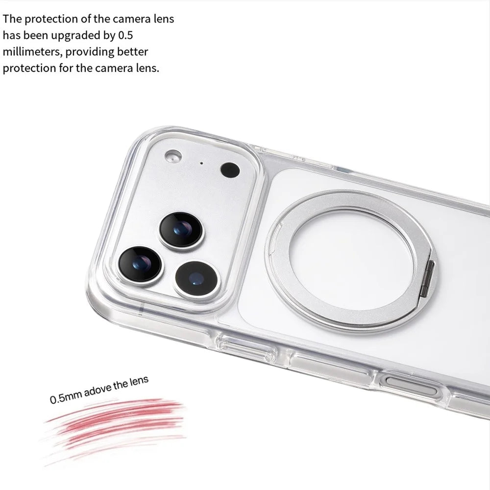 For iPhone 17 Pro Magnetic Phone Case with 360° Rotating Ring Kickstand PC TPU Hybrid Shockproof Cover - White - 3