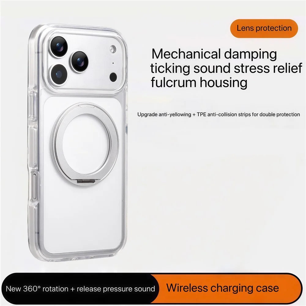 For iPhone 17 Pro Magnetic Phone Case with 360° Rotating Ring Kickstand PC TPU Hybrid Shockproof Cover - White - 4