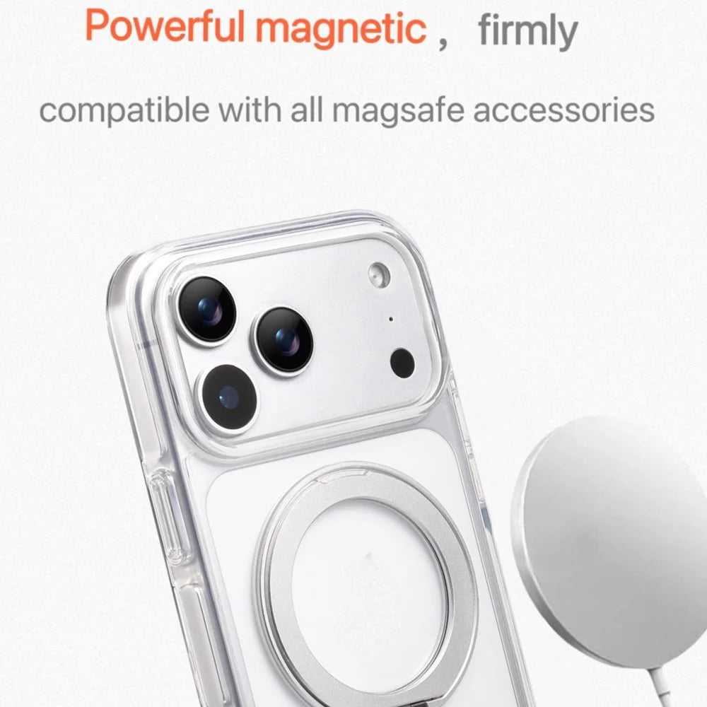 For iPhone 17 Pro Magnetic Phone Case with 360° Rotating Ring Kickstand PC TPU Hybrid Shockproof Cover - White - 5