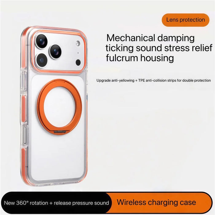 For iPhone 17 Pro Max Magnetic Phone Case with 360° Rotating Ring Kickstand PC TPU Hybrid Shockproof Cover - Orange - 4