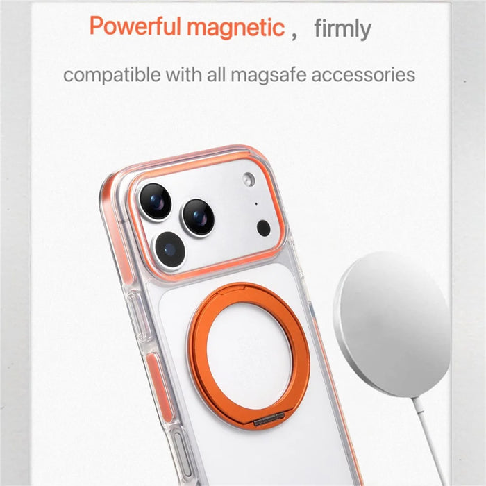 For iPhone 17 Pro Max Magnetic Phone Case with 360° Rotating Ring Kickstand PC TPU Hybrid Shockproof Cover - Orange - 5