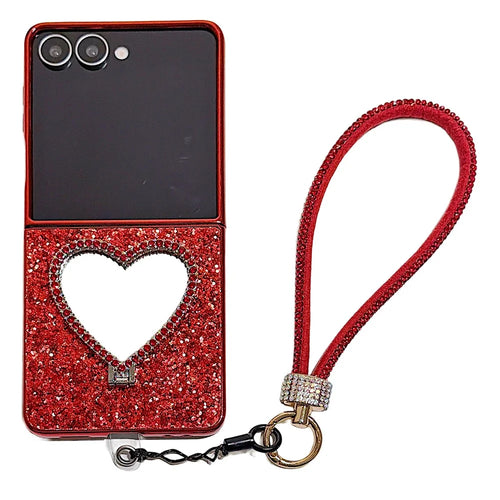 For Samsung Galaxy Z Flip7 5G Foldable Case Glitter Heart Mirror Electroplated Cover with Diamond Lanyard - Red - 1