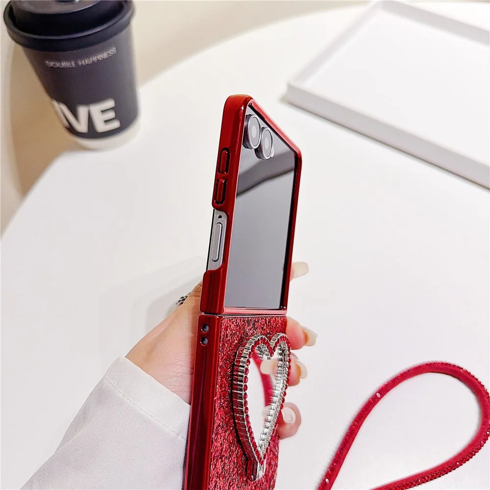 For Samsung Galaxy Z Flip7 5G Foldable Case Glitter Heart Mirror Electroplated Cover with Diamond Lanyard - Red - 2