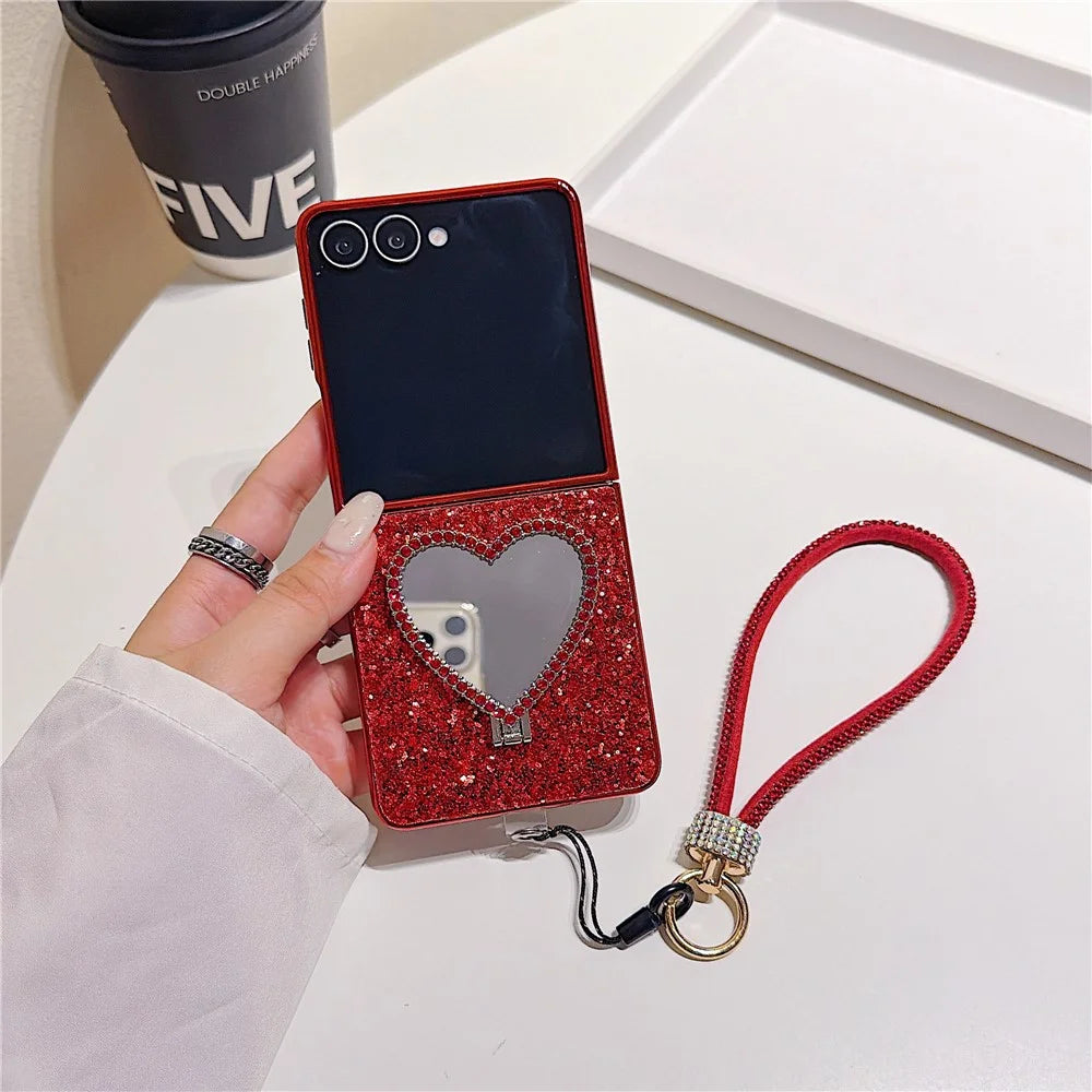For Samsung Galaxy Z Flip7 5G Foldable Case Glitter Heart Mirror Electroplated Cover with Diamond Lanyard - Red - 3