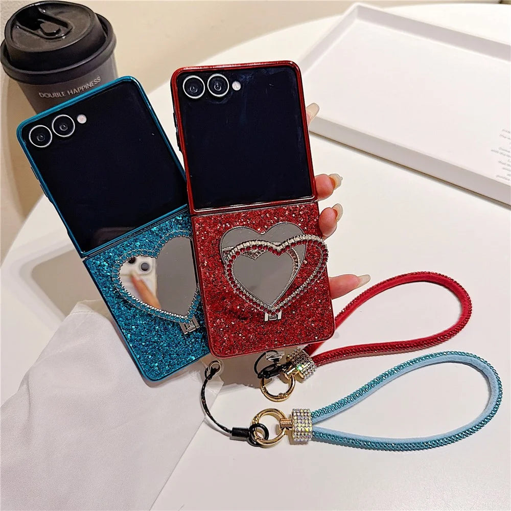 For Samsung Galaxy Z Flip7 5G Foldable Case Glitter Heart Mirror Electroplated Cover with Diamond Lanyard - Red - 4