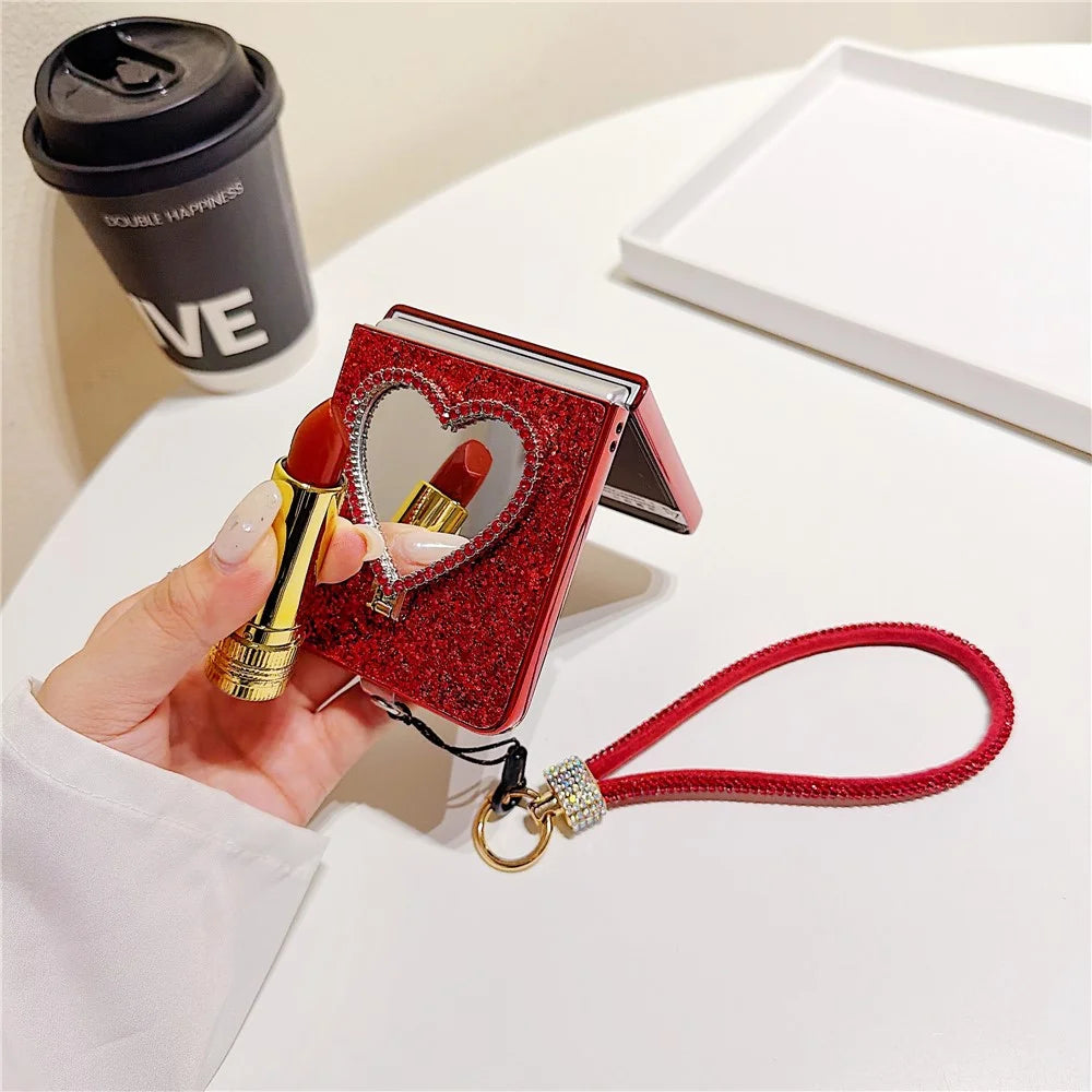 For Samsung Galaxy Z Flip7 5G Foldable Case Glitter Heart Mirror Electroplated Cover with Diamond Lanyard - Red - 5