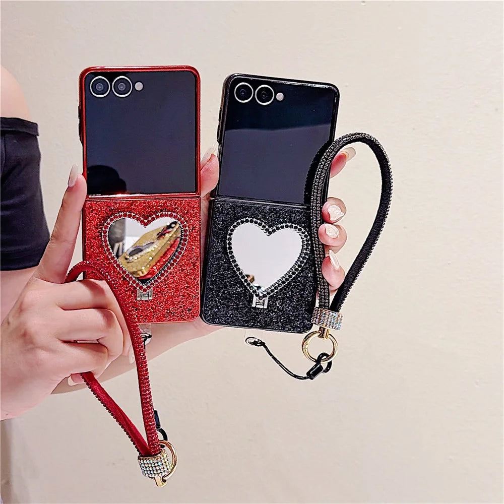 For Samsung Galaxy Z Flip7 5G Foldable Case Glitter Heart Mirror Electroplated Cover with Diamond Lanyard - Red - 6