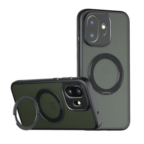 For OnePlus 15T 5G Matte Skin-touch Magnetic Case 360° Rotating Kickstand Shockproof TPU + PC Phone Cover - Transparent Black - 1