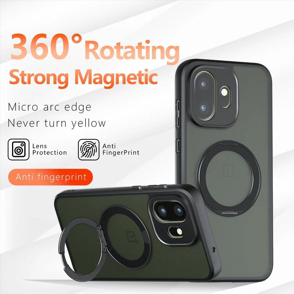 For OnePlus 15T 5G Matte Skin-touch Magnetic Case 360° Rotating Kickstand Shockproof TPU + PC Phone Cover - Transparent Black - 2