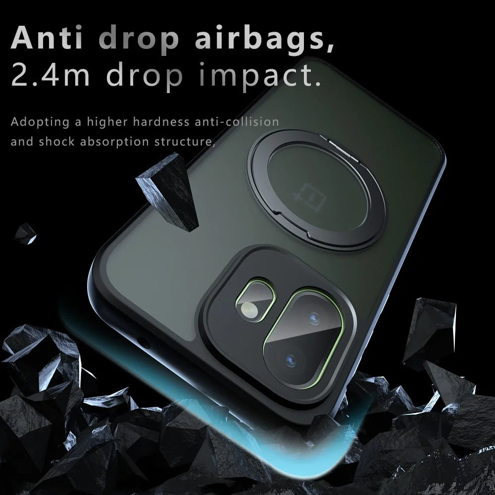 For OnePlus 15T 5G Matte Skin-touch Magnetic Case 360° Rotating Kickstand Shockproof TPU + PC Phone Cover - Transparent Black - 3