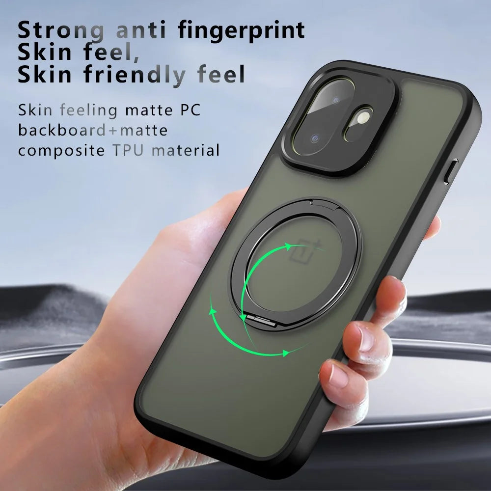 For OnePlus 15T 5G Matte Skin-touch Magnetic Case 360° Rotating Kickstand Shockproof TPU + PC Phone Cover - Transparent Black - 7