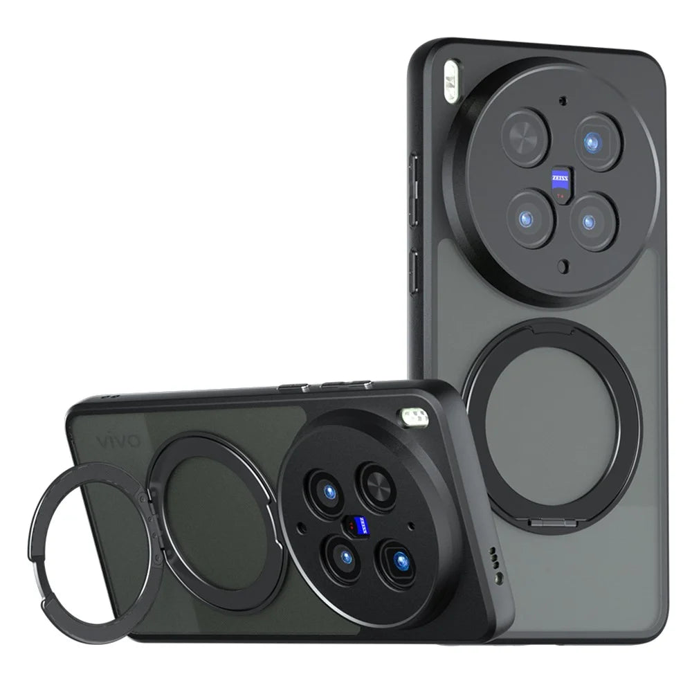 For vivo X300 Ultra 5G Matte Skin-touch Magnetic Case 360° Rotating Kickstand Shockproof TPU + PC Phone Cover - Transparent Black - 1