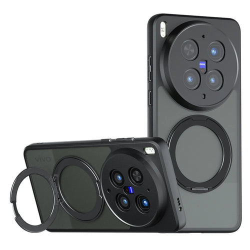 For vivo X300 Ultra 5G Matte Skin-touch Magnetic Case 360° Rotating Kickstand Shockproof TPU + PC Phone Cover - Transparent Black - 1