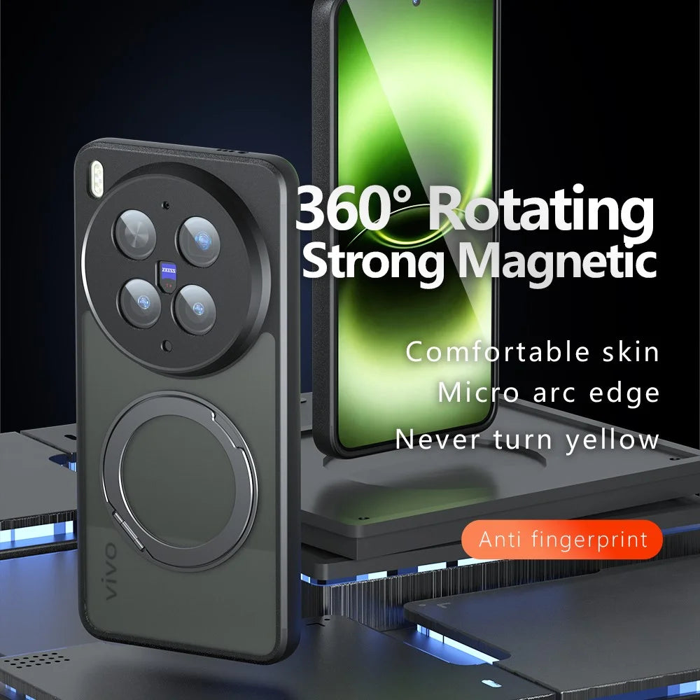 For vivo X300 Ultra 5G Matte Skin-touch Magnetic Case 360° Rotating Kickstand Shockproof TPU + PC Phone Cover - Transparent Black - 2